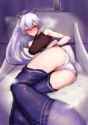 Rule 34 | 1girl, absurdres, blush, clothes pull, covered erect nipples, fate/grand order, fate (series), hair ribbon, highres, huge filesize, ichigai (hayawossan), on bed, panties, pants, pants pull, ponytail, red eyes, ribbon, silver hair, solo, steam, sweat, tomoe gozen (fate), underwear, white panties