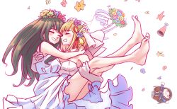 2girls anjuro_zeeku black_hair blonde_hair bouquet bridal_veil carrying character_doll closed_eyes commentary_request dress elbow_gloves flower gloves grin hand_on_another&#039;s_head hat head_wreath inoue_takina long_hair lycoris_recoil medium_hair multiple_girls nishikigi_chisato open_mouth party_hat princess_carry simple_background sleeveless sleeveless_dress smile strapless strapless_dress veil wedding_dress white_background white_gloves wife_and_wife yuri