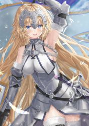 Rule 34 | 1girl, :d, arm guards, arm up, armor, armored dress, armpits, banner, bare shoulders, black gloves, blonde hair, blue eyes, blush, breasts, chain, cowboy shot, dress, elbow gloves, fate/grand order, fate (series), feathers, fur-trimmed gloves, fur-trimmed legwear, fur trim, gloves, highres, impossible clothes, impossible dress, jeanne d&#039;arc (fate), jeanne d&#039;arc (ruler) (fate), jeanne d&#039;arc (third ascension) (fate), kazama (akki12), large breasts, light particles, long hair, md5 mismatch, open mouth, resolution mismatch, sheath, sheathed, signature, sleeveless, sleeveless dress, smile, solo, source larger, sword, thighhighs, very long hair, weapon, white dress, white thighhighs