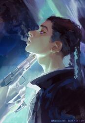 Rule 34 | artist name, blue eyes, braid, curly hair, dark-skinned male, dark skin, dated, earrings, fieroo, from side, gun, handgun, holding, holding gun, holding weapon, jewelry, looking to the side, male focus, marvel, miles morales, pointing gun, skindentation, smoke, spider-man: across the spider-verse, spider-man (series), spider-verse, spoilers, twin braids, upper body, weapon
