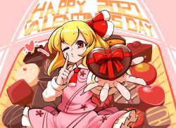 Rule 34 | 1girl, alternate costume, ascot, blonde hair, blush, bow, candy, chocolate, chocolate heart, closed mouth, collared dress, dress, english text, eyelashes, finger to mouth, fingernails, food, frilled dress, frills, hair bow, happy valentine, heart, kashuu (b-q), long sleeves, looking at viewer, nail polish, o3o, one eye closed, outstretched arm, pink dress, pouty lips, red ascot, red bow, red eyes, red nails, red ribbon, ribbon, rumia, sharp fingernails, solo, standing, touhou, upper body, valentine, wing collar