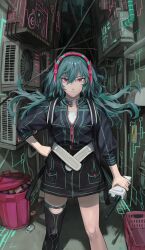 Rule 34 | 1girl, absurdres, air conditioner, alley, basket, belt, black coat, black thighhighs, closed mouth, coat, commentary request, feet out of frame, floating hair, green hair, hair between eyes, hand on own hip, headphones, highres, holding radio, industrial pipe, legs apart, long hair, looking at viewer, original, partially unzipped, pocket, radio, red eyes, shadow, single thighhigh, sleeves past wrists, solo, standing, straight-on, suru (seiya), thighhighs, trash, trash can, white belt