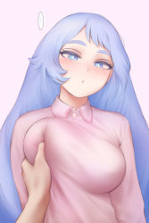 Rule 34 | ..., 1girl, blue eyes, blue hair, boku no hero academia, grabbing another&#039;s breast, breast lift, breasts, closed mouth, collared shirt, colored eyelashes, grabbing, hadou nejire, highres, large breasts, long hair, looking at viewer, pink background, pink shirt, pov, pov hands, shirt, shpo, solo focus, speech bubble, spoken ellipsis, upper body