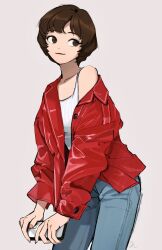 Rule 34 | 1girl, blue pants, brown eyes, brown hair, closed mouth, collarbone, cowboy shot, fingernails, grey background, hair between eyes, highres, holding, holding phone, jacket, kimura 731, looking to the side, original, pants, phone, red jacket, shirt, short hair, simple background, smile, solo, standing, white shirt