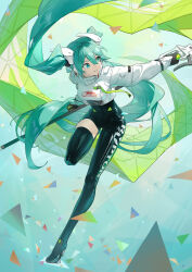 Rule 34 | 1girl, absurdres, asymmetrical bodysuit, black bodysuit, black gloves, bodysuit, boots, commentary request, cropped jacket, flag, flagpole, floating hair, full body, gloves, green flag, green gloves, hatsune miku, highres, holding, holding flag, holding pole, jacket, latex, latex bodysuit, long sleeves, looking to the side, ly.t, pole, race queen, racing miku, racing miku (2022), single leg bodysuit, single thigh boot, single thighhigh, smile, solo, standing, standing on one leg, text print, thigh boots, thighhighs, twintails, two-tone gloves, vocaloid, white jacket