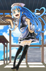 Rule 34 | 1girl, :d, alternate costume, apron, black dress, black footwear, black thighhighs, blue eyes, blue hair, blue sky, cloud, commentary request, day, dress, enmaided, frilled apron, frilled dress, frills, full body, hat, heart, high heels, holding, holding tray, ikamusume, indoors, long hair, looking at viewer, maid, maid headdress, open mouth, prehensile hair, rice, shadow, shinryaku! ikamusume, sinzen, sky, smile, solo, squid hat, stairs, standing, table, tentacle hair, thighhighs, tongue, tray, uvula, white apron