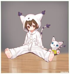 Rule 34 | 1girl, 1other, absurdres, animal ears, animal hands, arm support, artist name, barefoot, brown eyes, brown hair, buttons, cat, cat ears, cat tail, closed mouth, cosplay, digimon, digimon (creature), feet, full body, gloves, highres, holy ring, jewelry, kuma-bound, on floor, onesie, pajamas, ring, short hair, sitting, smile, soles, spread legs, tail, tailmon, tailmon (cosplay), toes, wooden floor, yagami hikari