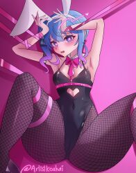 Rule 34 | 1girl, absurdres, artistkouhai, blue eyes, blue hair, fishnet pantyhose, fishnets, hashtag-only commentary, hatsune miku, heart, heart-shaped pupils, highres, hololive, hoshimachi suisei, leotard, pantyhose, pink background, playboy bunny, rabbit hole (vocaloid), solo, symbol-shaped pupils, thighs, virtual youtuber, vocaloid