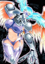Rule 34 | 1girl, absurdres, aqua eyes, aqua hair, artist request, breasts, claws, curvy, digimoji, digimon, elbow gloves, eyelashes, feathers, female focus, gauntlets, gloves, harpy, head wings, high collar, highleg, highleg panties, highres, large breasts, mask, midriff, monster girl, navel, panties, revealing clothes, shutumon, thighhighs, traditional media, underwear, wide hips, wings