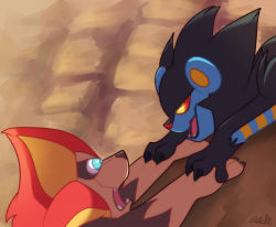 Rule 34 | blue eyes, claws, creatures (company), eye contact, fangs, game freak, gen 4 pokemon, gen 6 pokemon, looking at another, luxray, nintendo, no humans, open mouth, parody, pokemon, pokemon (creature), pokemon xy, pyroar, pyroar (male), scene reference, signature, the lion king, vaporotem, yellow eyes