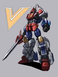 Rule 34 | 3ok, absurdres, autobot, blue eyes, clenched hand, from side, full body, grey background, highres, holding, holding sword, holding weapon, looking down, mecha, no humans, robot, shadow, star saber (transformers), sword, transformers, transformers victory, weapon