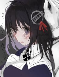 Rule 34 | 1boy, 1girl, admiral (kancolle), black hair, blush, breasts, crying, gloves, haguro (kancolle), hair between eyes, hair ornament, headpat, highres, kantai collection, long sleeves, looking at viewer, one-hour drawing challenge, parted lips, ruohire9, short hair, simple background, sketch, solo focus, tears, twitter username, upper body, white background, white gloves