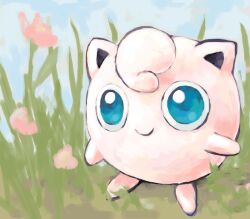 Rule 34 | blue eyes, blue sky, closed mouth, commentary, creatures (company), day, english commentary, flower, game freak, gen 1 pokemon, grass, jigglypuff, nintendo, no humans, outdoors, pink flower, pokemon, pokemon (creature), sailorclef, sky, smile, solo