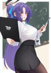 Rule 34 | 1girl, absurdres, blue archive, breasts, classroom, highres, large breasts, long hair, looking at viewer, maruneco, pantyhose, pencil skirt, ponytail, shirt, skirt, solo, teacher, thighs, white shirt, yuuka (blue archive)