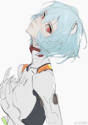 Rule 34 | 1girl, ayanami rei, blue hair, bob cut, bodysuit, breasts, commentary, expressionless, from side, hand up, hands on own chest, head back, head tilt, high collar, highres, horikwawataru, interface headset, lips, looking at viewer, messy hair, multicolored bodysuit, multicolored clothes, neon genesis evangelion, nose, pale skin, plugsuit, red eyes, red pupils, short hair, sidelocks, simple background, solo, symbol-only commentary, upper body, white background, white bodysuit