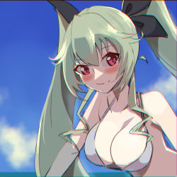 Rule 34 | 1girl, anchovy (girls und panzer), bikini, black bow, blaze (blazeillust), blue sky, blush, bow, breasts, cleavage, cloud, drill hair, girls und panzer, green hair, hair between eyes, hair bow, long hair, looking at viewer, medium breasts, red eyes, sky, smile, solo, swimsuit, twintails, white bikini