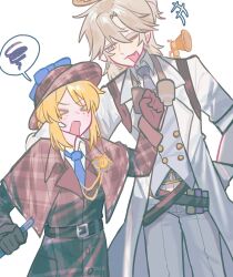 &gt;o&lt; 1boy 1girl blonde_hair blue_bow blue_eyes blue_necktie bow brown_capelet brown_hat bruise bruised_eye cabbie_hat capelet coat detective emma_woods emma_woods_(lady_truth) fang hat highres identity_v injury luca_balsa luca_balsa_(paranormal_detective) necktie plaid_capelet plaid_clothes sakana20061026 tagme trench_coat