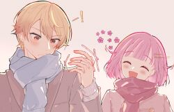 ! 1boy 1girl absurdres blonde_hair blue_scarf blunt_bangs blush closed_eyes closed_mouth couple flower frown glamoro_27 grey_background grey_jacket grey_sweater hair_between_eyes hetero highres holding_hands interlocked_fingers jacket ootori_emu open_mouth orange_eyes pink_flower pink_hair project_sekai red_scarf scarf short_hair smile spoken_exclamation_mark sweatdrop sweater tenma_tsukasa twitter_username upper_body