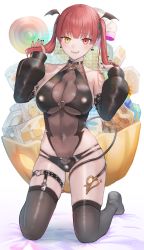 Rule 34 | 1girl, absurdres, alternate costume, animal ears, bad id, bad pixiv id, bat ears, black choker, black leotard, black nails, black thighhighs, breasts, choker, cleavage, covered navel, demon tail, detached sleeves, fingernails, halloween, halloween costume, head wings, heterochromia, highres, hololive, hololive fantasy, houshou marine, kneeling, large breasts, leotard, looking at viewer, multicolored nails, nail polish, navel, no shoes, o-ring, o-ring thigh strap, open mouth, raised eyebrows, red eyes, red hair, red nails, rushian, see-through, see-through cleavage, skindentation, smile, solo, tail, teeth, thigh strap, thighhighs, twintails, upper teeth only, virtual youtuber, wings, yellow eyes