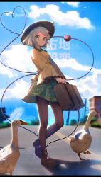 Rule 34 | 1girl, absurdres, animal, backlighting, bird, black hat, black pantyhose, blouse, blue sky, blurry, blurry background, blush, breasts, brown footwear, buckle, building, buttons, chinese commentary, closed mouth, cloud, collar, collared shirt, commentary request, day, eyeball, floating hair, floral print, frilled collar, frilled sleeves, frills, from behind, full body, goose, green eyes, green hair, green skirt, hat, hat ribbon, heart, heart of string, highres, huge filesize, komeiji koishi, lamppost, letterboxed, light particles, lips, long sleeves, looking at viewer, looking to the side, mary janes, one eye closed, outdoors, pantyhose, parted bangs, ribbon, road, rose print, shirt, shoes, short hair, sidelocks, signature, silver hair, skirt, sky, small breasts, solo, standing, third eye, touhou, translation request, tree, upskirt, wide sleeves, xingchee, yellow ribbon, yellow shirt