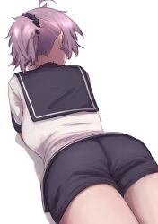 Rule 34 | 1girl, absurdres, antenna hair, aoba (kancolle), ass, black scrunchie, blue sailor collar, blue shorts, cowboy shot, facing away, from behind, highres, ikadamo, kantai collection, looking to the side, lying, messy hair, on stomach, ponytail, purple hair, sailor collar, sailor shirt, scrunchie, shirt, short hair, shorts, simple background, solo, white background, white shirt