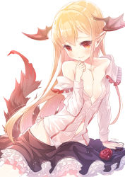 Rule 34 | 10s, 1girl, arm support, bare shoulders, bat wings, blonde hair, blush, demon tail, flower, frills, granblue fantasy, head wings, long hair, long sleeves, loose clothes, md5 mismatch, multiple tails, off shoulder, open clothes, open shirt, panties, patori, pointy ears, red eyes, red flower, red rose, resolution mismatch, rose, shingeki no bahamut, shirt, side-tie panties, simple background, skirt, solo, source smaller, tail, underwear, vampire, vampy, very long hair, wings