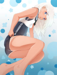 Rule 34 | 10s, 1girl, aqua background, arm support, bare legs, bare shoulders, barefoot, blue eyes, crop top, enatsu, from side, gradient background, highres, kantai collection, legs, long hair, looking at viewer, lying, on side, one-piece tan, open mouth, ro-500 (kancolle), sailor collar, school swimsuit, solo, swimsuit, swimsuit under clothes, tan, tanline, white background, white hair