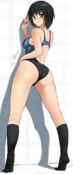 Rule 34 | 1girl, amagami, ass, black hair, black one-piece swimsuit, black socks, breasts, brown eyes, commentary, competition swimsuit, from behind, full body, highres, looking at viewer, looking back, medium breasts, nanasaki ai, one-piece swimsuit, revision, short hair, signature, socks, solo, swimsuit, twitter username, two-tone swimsuit, yoo tenchi