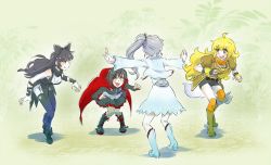 Rule 34 | black hair, blake belladonna, blonde hair, bow, cape, fang, gradient hair, grey eyes, hair bow, iesupa, jurassic world, long hair, meme, multicolored hair, multiple girls, open mouth, outstretched arms, pantyhose, parody, ponytail, prattkeeping (meme), purple eyes, red cape, red hair, ruby rose, rwby, short hair, side ponytail, simple background, skirt, thighhighs, two-tone hair, weiss schnee, white hair, yang xiao long, yellow eyes
