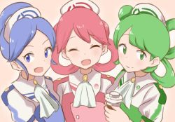 Rule 34 | 3girls, blue eyes, blue hair, blush, closed eyes, creatures (company), cup, game freak, green eyes, green hair, hairstyle request, hat, holding, holding cup, kaito (kaito921125), multiple girls, nintendo, nurse cap, open mouth, pink background, pink hair, pokemon, pokemon masters ex, short hair, smile, tricia (pokemon), trinnia (pokemon), trista (pokemon), upper body