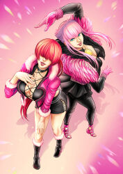 Rule 34 | 2girls, breasts, cleavage, color coordination, crossover, from above, hair over eyes, highres, jacket, kd kaewdesu, looking at viewer, looking up, manon legrand, multiple girls, pink theme, shermie (kof), street fighter, street fighter 6, the king of fighters, the king of fighters xv, trait connection