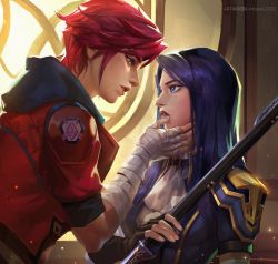 Rule 34 | 2girls, arcane: league of legends, arcane caitlyn, arcane vi, bandaged arm, bandages, blue eyes, blue hair, caitlyn (league of legends), commentary request, highres, kdash, league of legends, looking at another, multiple girls, parted lips, red hair, vi (league of legends), yuri
