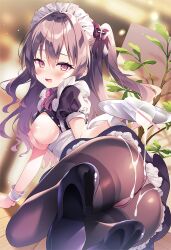 Rule 34 | 1girl, apron, black dress, black footwear, black pantyhose, blurry, blurry background, breasts, breasts out, brown hair, dress, frilled apron, frills, hair ornament, high heels, holding, holding tray, indoors, long hair, looking at viewer, maid, maid apron, maid headdress, medium breasts, nanohana kohina, nipples, open clothes, open mouth, original, panties, pantyhose, pink panties, puffy sleeves, red eyes, solo, suggestive fluid, tray, twintails, underwear, waist apron, white apron, wrist cuffs