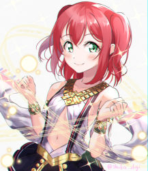 Rule 34 | 1girl, bare shoulders, black skirt, blurry, blush, breasts, closed mouth, collarbone, commentary request, green eyes, hair between eyes, hands up, highres, kurosawa ruby, long hair, love live!, love live! school idol festival, love live! sunshine!!, navel, pleated skirt, red hair, shaka (staito0515), shirt, skirt, sleeveless, sleeveless shirt, small breasts, smile, solo, twitter username, two side up