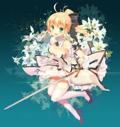 Rule 34 | 1girl, artoria pendragon (all), artoria pendragon (fate), bare shoulders, blonde hair, blush, bow, breasts, commentary, dress, fate/unlimited codes, fate (series), gloves, green eyes, hair bow, high heels, holding, holding sword, holding weapon, long hair, looking at viewer, medium breasts, mintchoco (orange shabette), open mouth, saber lily, simple background, solo, strapless, strapless dress, sword, thighhighs, weapon, white dress, white gloves, white thighhighs, zettai ryouiki