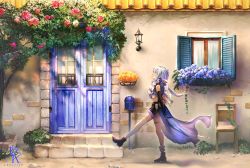 Rule 34 | 1girl, arm behind back, arm grab, black footwear, black gloves, black shorts, blue eyes, blue flower, blue hair, blue rose, building, commentary request, crop top, door, elbow gloves, floating hair, flower, from side, gloves, highres, long hair, mailbox (incoming mail), original, profile, red flower, red rose, rose, saihate (d3), shirt, shoes, short shorts, shorts, single glove, single thighhigh, solo, stairs, stone stairs, thighhighs, tree, very long hair, walking, white shirt, white thighhighs, window, yellow flower