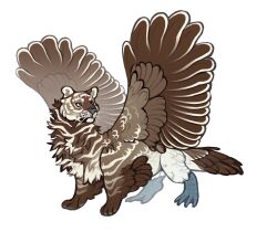 Rule 34 | absurdres, animal focus, bird tail, blue eyes, brown fur, brown wings, chimera, closed mouth, commentary, feathered wings, film grain, full body, highres, looking to the side, no humans, original, shegoran, simple background, solo, standing, symbol-only commentary, tail, three quarter view, tiger, two-tone fur, white background, white fur, wings