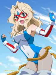 Rule 34 | 1girl, :d, blonde hair, blue eyes, blue gloves, blue leotard, blue sky, breasts, clenched hands, cloud, cosplay, covered navel, eye mask, fingerless gloves, girls und panzer, gloves, hair intakes, hands up, highres, kamen america, kamen america (comic), kamen america (cosplay), leotard, long hair, looking at viewer, medium breasts, naotosi, open mouth, sky, smile, solo, star (symbol), star print, superhero costume, thighhighs