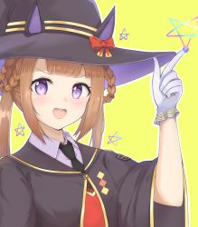 Rule 34 | 1girl, animal ears, black hat, black necktie, black robe, brown hair, ear covers, gloves, hat, highres, horse ears, horse girl, long hair, looking at viewer, necktie, open mouth, pointing, pointing up, preste, purple eyes, red vest, robe, simple background, smile, solo, star (symbol), sweep tosho (umamusume), twintails, umamusume, upper body, vest, white gloves, witch hat, yellow background