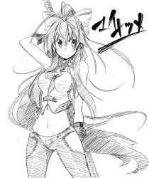 Rule 34 | 1girl, antenna hair, backless outfit, bare shoulders, holding behind back, blazblue, blazblue: central fiction, blazblue variable heart, boots, bow, breasts, cowboy shot, fingerless gloves, full body, genderswap, genderswap (mtf), gloves, greyscale, groin, hair between eyes, hair bow, halterneck, highres, holding, holding weapon, jitaso, large breasts, long hair, looking to the side, lowleg, lowleg pants, mai natsume, midriff, monochrome, navel, no bra, no panties, pants, polearm, ponytail, revealing clothes, ribbon, sideboob, sidelocks, simple background, smile, solo, spear, standing, very long hair, weapon, white background, yellow bow