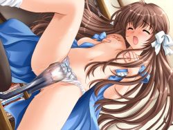 Rule 34 | 00s, 1girl, bdsm, blush, bow, bow panties, grabbing another&#039;s breast, breasts, brown hair, chair, closed eyes, crotch rub, dutch angle, female masturbation, frilled panties, frills, game cg, grabbing, grabbing own breast, groping, hair ribbon, kuroda akimi, long hair, masturbation, momota konomi, panties, panties only, pussy juice, ribbon, small breasts, socks, solo, table humping, through panties, topless, tsumamigui, tsumamigui 2, twintails, underwear, underwear only, white panties, x-ray