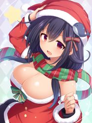Rule 34 | 1girl, :d, arm up, bare shoulders, black hair, black skirt, blush, breasts, christmas, cleavage, commentary request, detached sleeves, fur-trimmed sleeves, fur trim, hair between eyes, hair ornament, hair ribbon, hand up, hat, highres, kantai collection, large breasts, long hair, long sleeves, looking at viewer, miniskirt, open mouth, red eyes, red hat, red ribbon, red scarf, red shirt, ribbon, santa costume, santa hat, scarf, shirt, sidelocks, skirt, smile, snow (gi66gotyo), solo, star (symbol), striped clothes, striped scarf, taigei (kancolle), upper body, whale hair ornament