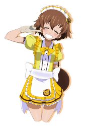Rule 34 | 10s, 1girl, apron, arm behind back, blouse, bow, bowtie, brown hair, closed eyes, coco&#039;s, collared shirt, commentary request, cropped legs, emblem, facing viewer, freckles, frilled apron, frilled shirt, frills, girls und panzer, gloves, grin, head tilt, holding, holding tray, kayabakoro, lace, lace-trimmed panties, lace trim, large bow, leopon (animal), maid headdress, miniskirt, panties, pointing, pointing at self, print skirt, puffy short sleeves, puffy sleeves, shirt, short hair, short sleeves, single horizontal stripe, skirt, smile, solo, tray, tsuchiya (girls und panzer), underwear, white apron, white bow, white gloves, yellow bow, yellow bowtie, yellow shirt, yellow skirt