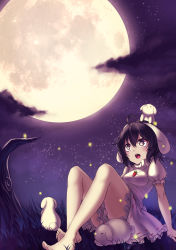Rule 34 | 1girl, absurdres, ahoge, animal ears, arm support, barefoot, black hair, carrot necklace, cloud, dress, floppy ears, frilled dress, frilled sleeves, frills, full moon, highres, inaba tewi, knees up, koissa, looking up, moon, necklace, night, open mouth, pink dress, puffy short sleeves, puffy sleeves, rabbit, rabbit ears, ribbon-trimmed clothes, ribbon-trimmed dress, ribbon trim, short hair, short sleeves, sitting, sky, star (sky), starry sky, touhou, tree, yellow eyes