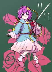 Rule 34 | 1girl, blue shirt, closed mouth, commentary request, dated, full body, green background, heart, itani illust, komeiji satori, long sleeves, looking at viewer, messy hair, pink footwear, pink skirt, purple eyes, purple hair, shirt, short hair, simple background, skirt, slippers, socks, solo, third eye, touhou, white socks
