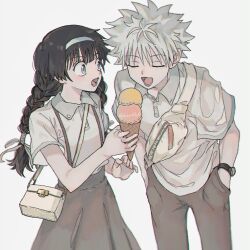 Rule 34 | 1boy, 1girl, alluka zoldyck, bag, black dress, black hair, blue eyes, blush, braid, brother and sister, child, closed eyes, dress, eating, food, french braid, hair ornament, hairband, hands in pockets, highres, holding, holding food, holding ice cream, hunter x hunter, ice cream, killua zoldyck, long hair, looking at another, messy hair, nnnt0c0, open mouth, shirt, short hair, shoulder bag, siblings, simple background, surprised, watch, white hair, white shirt, wristwatch
