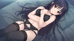 Rule 34 | 1girl, black bra, black hair, black panties, black thighhighs, blush, bra, breasts, cafe stella to shinigami no chou, game cg, garter belt, hand on own chest, highres, indoors, kobuichi, lace, lace-trimmed legwear, lace trim, lingerie, lying, medium breasts, mole, mole under eye, navel, on back, on bed, panties, parted lips, shiki natsume, solo, sweat, thighhighs, underwear, underwear only, yellow eyes