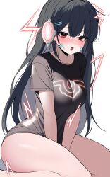 Rule 34 | 1girl, :o, absurdres, arms between legs, black hair, black shirt, blush, bottomless, breasts, chimyo, commentary request, drooling, headphones, highres, korean commentary, large breasts, lightning, long hair, looking at viewer, maplestory, open mouth, red eyes, saliva, shirt, short sleeves, simple background, sitting, solo, t-shirt, tearing up, wariza, white background, xenon (maplestory)