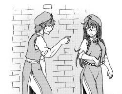 Rule 34 | 1boy, 1girl, breasts, china dress, chinese clothes, collar, collared shirt, commentary, commentary request, dress, full body, genderswap, genderswap (ftm), greyscale, hair between eyes, hat, hong meiling, koyubi (littlefinger1988), large breasts, monochrome, muscular, open mouth, pointing, pointing finger, scar, shirt, short hair, sleeves rolled up, star (symbol), surprised, sweat, sweatdrop, tangzhuang, tongue, touhou, translation request, upper body, wall, waving, waving arm, white background, white shirt