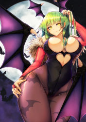 Rule 34 | .sin, 1girl, animal, animal print, arm up, bare shoulders, bat (animal), bat print, black leotard, breasts, bridal gauntlets, cleavage, commentary request, demon girl, feather trim, fingernails, full moon, green hair, head wings, highleg, highleg leotard, highres, large breasts, leotard, looking at viewer, moon, morrigan aensland, nail polish, night, night sky, pantyhose, purple nails, shiny clothes, simple background, sky, solo, vampire (game), wings, yellow eyes